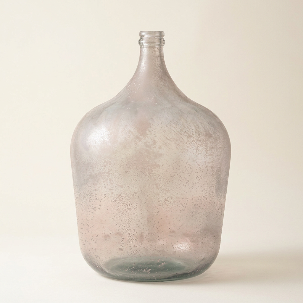 Misted Glass Demijohn Vase with cloudy blush-gray glass and a muted green base on a warm ivory studio background.