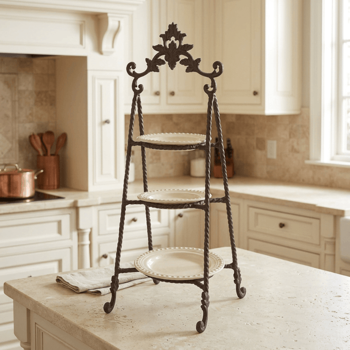 Tall Bellavita serving stand on a pale stone kitchen island