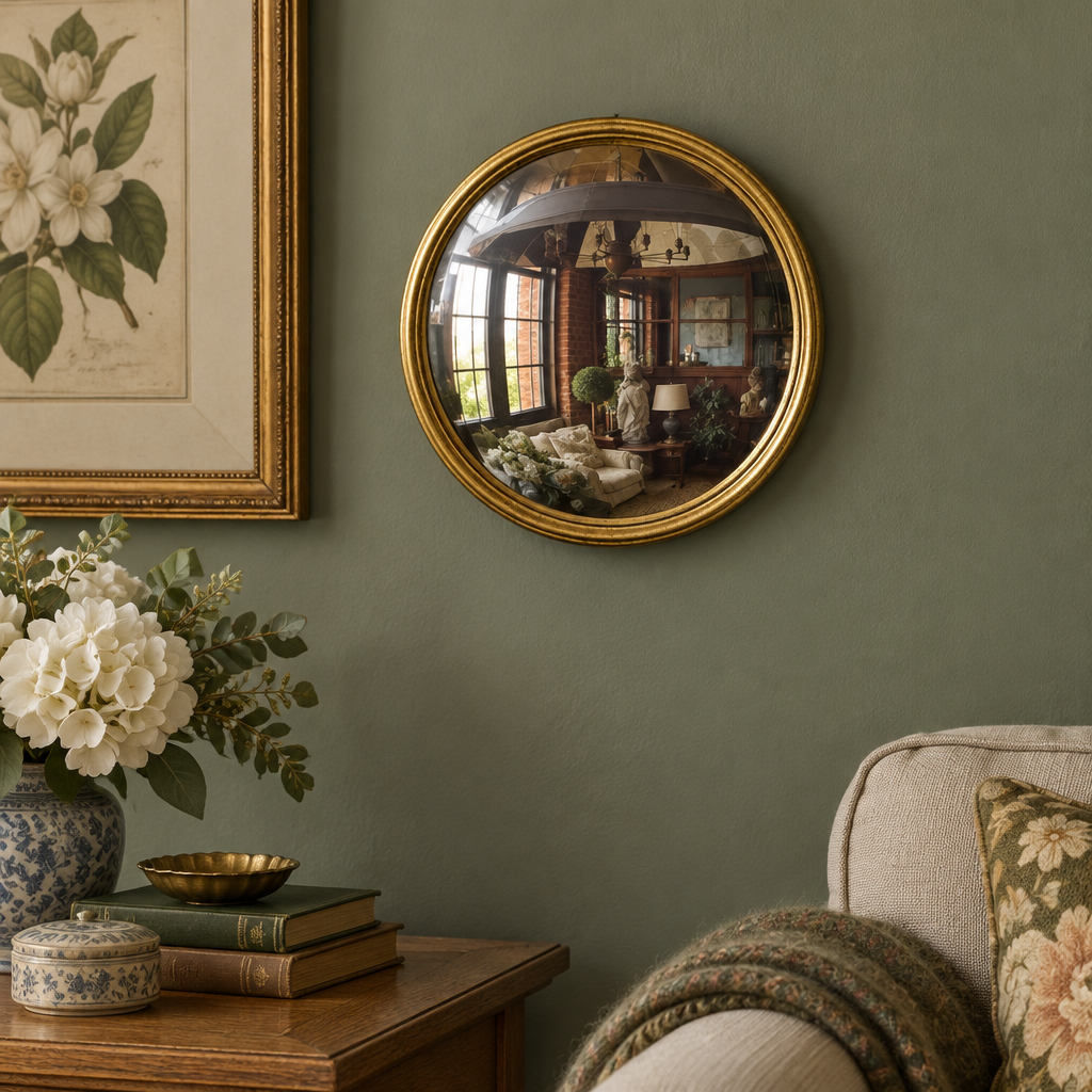 Gold Leaf Convex Bullseye Mirror on a sage sitting-room wall beside botanical artwork