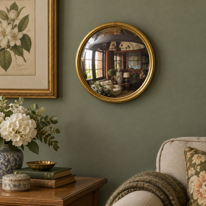 Gold Leaf Convex Bullseye Mirror on a sage sitting-room wall beside botanical artwork