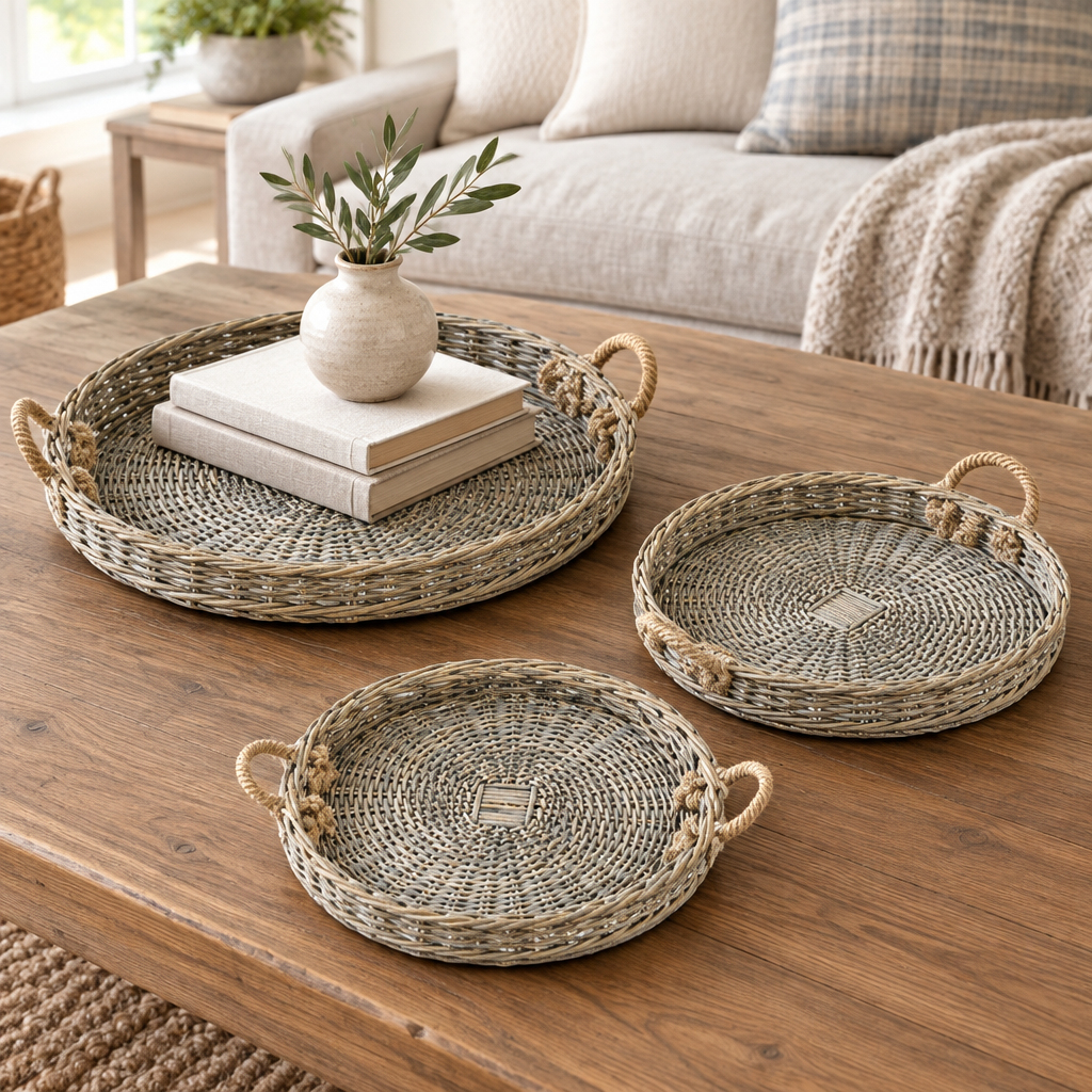 Grey-washed round willow trays with books and a small vase on a wooden coffee table