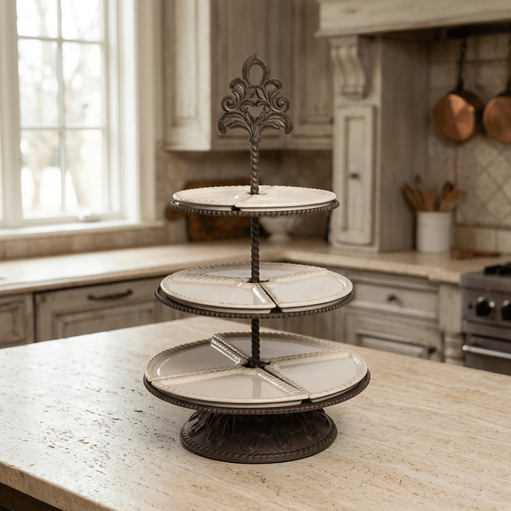 Bellavita tiered server with cream dishes and dark brown metalwork on a light kitchen island