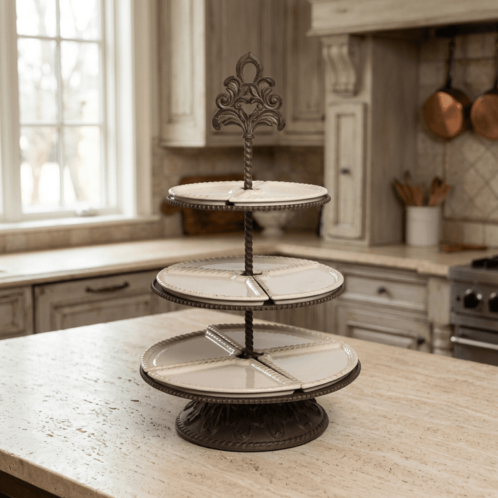 Bellavita tiered server with cream dishes and dark brown metalwork on a light kitchen island