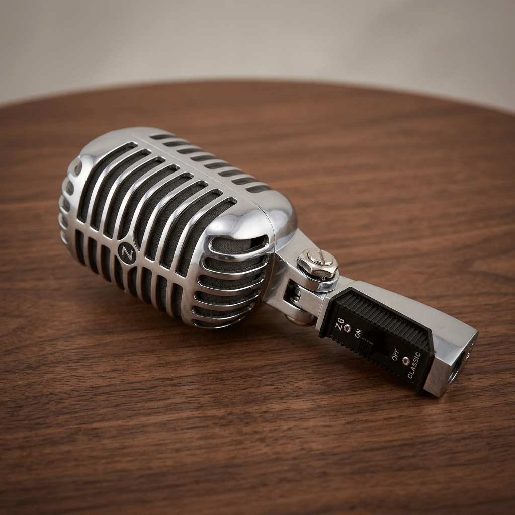 Silver Z6 retro microphone unit photographed on a dark walnut tabletop.