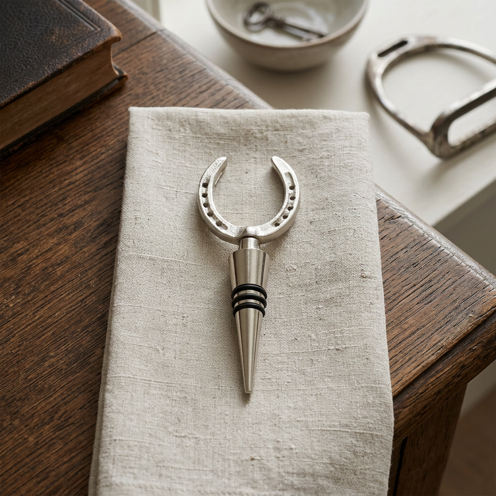 Polished horseshoe bottle stopper with black silicone sealing rings resting on natural linen and aged oak.
