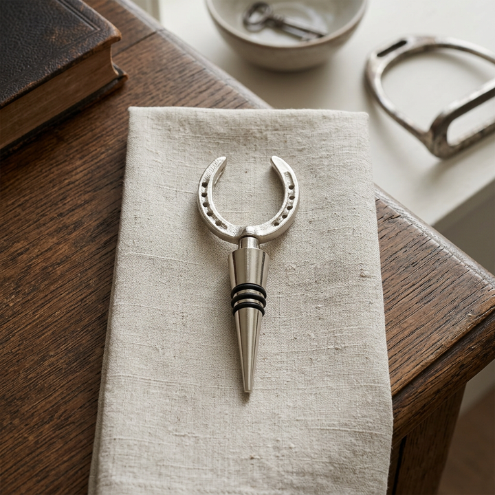 Polished horseshoe bottle stopper with black silicone sealing rings resting on natural linen and aged oak.