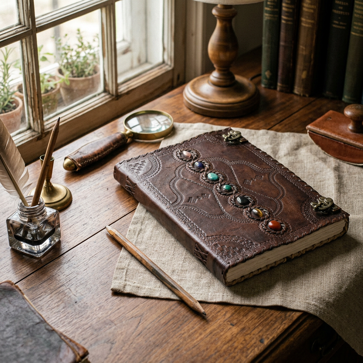 Stone-adorned brown leather journal on a walnut writing desk beside linen and a pencil