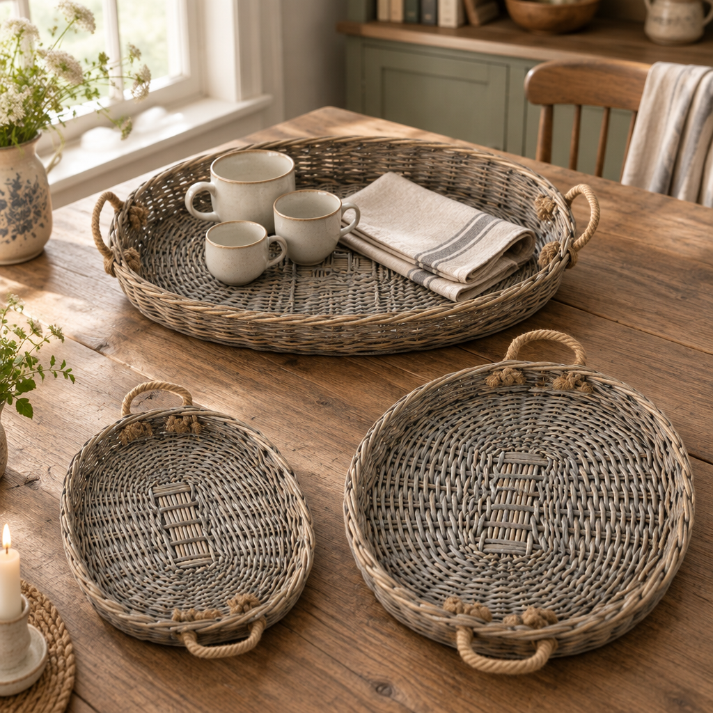 Oval willow tray set styled with ceramic cups and folded linen napkins on a dining table