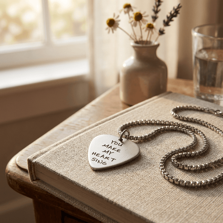 Silver-tone guitar-pick necklace with box chain on a linen-covered journal beside flowers.