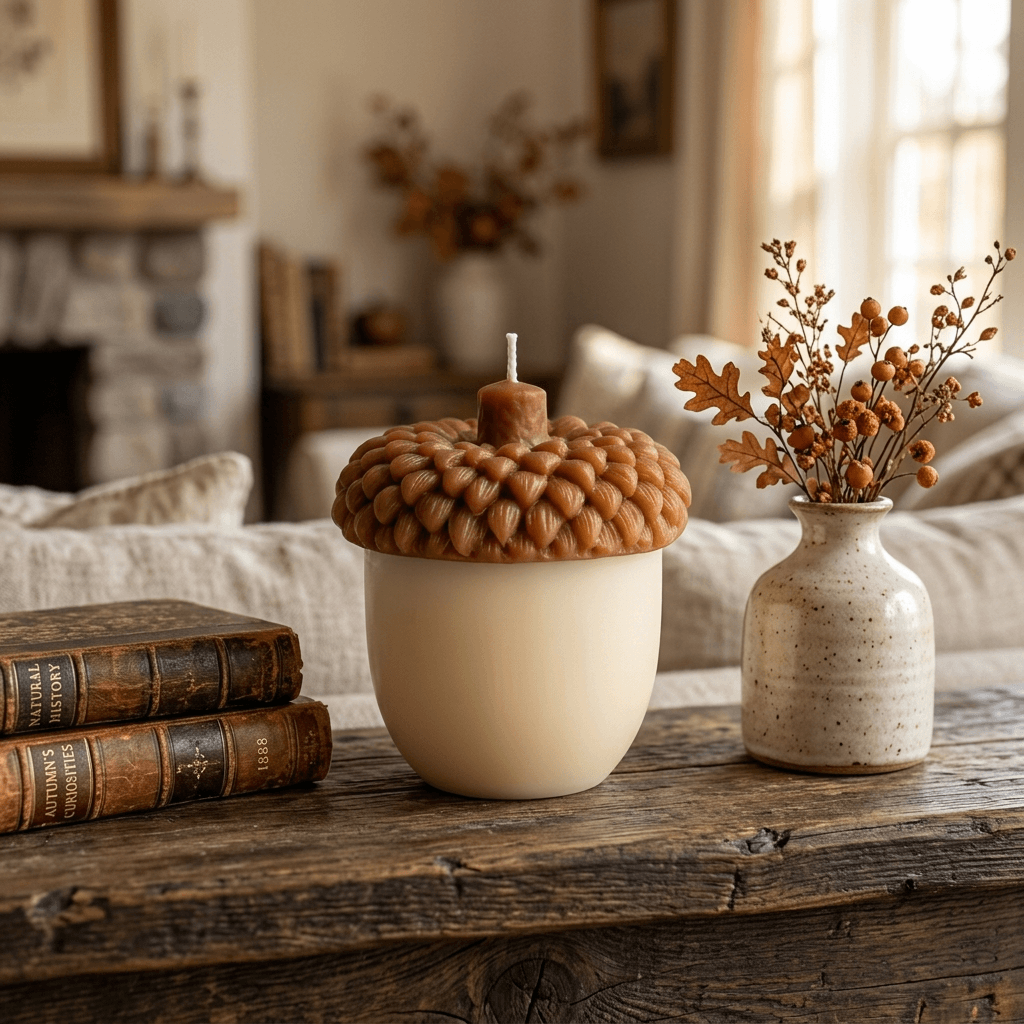 Two-tone acorn soy wax candle on a wood mantel beside antique books and dried autumn stems.