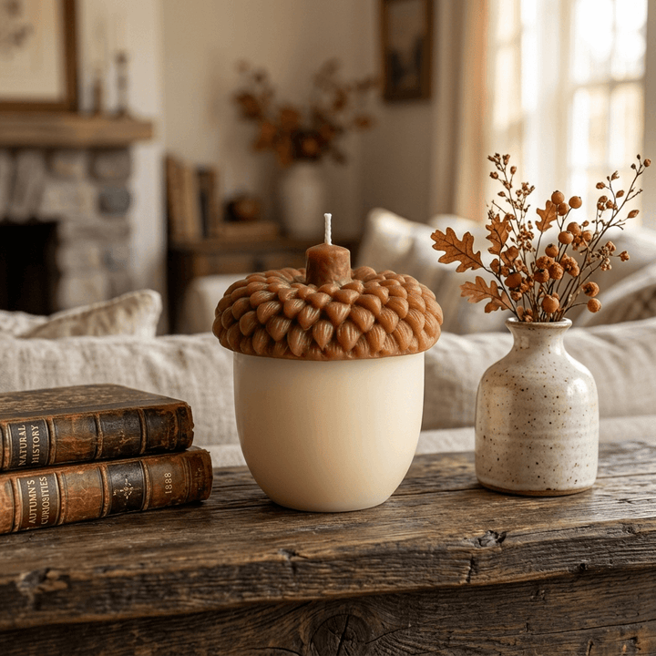 Two-tone acorn soy wax candle on a wood mantel beside antique books and dried autumn stems.