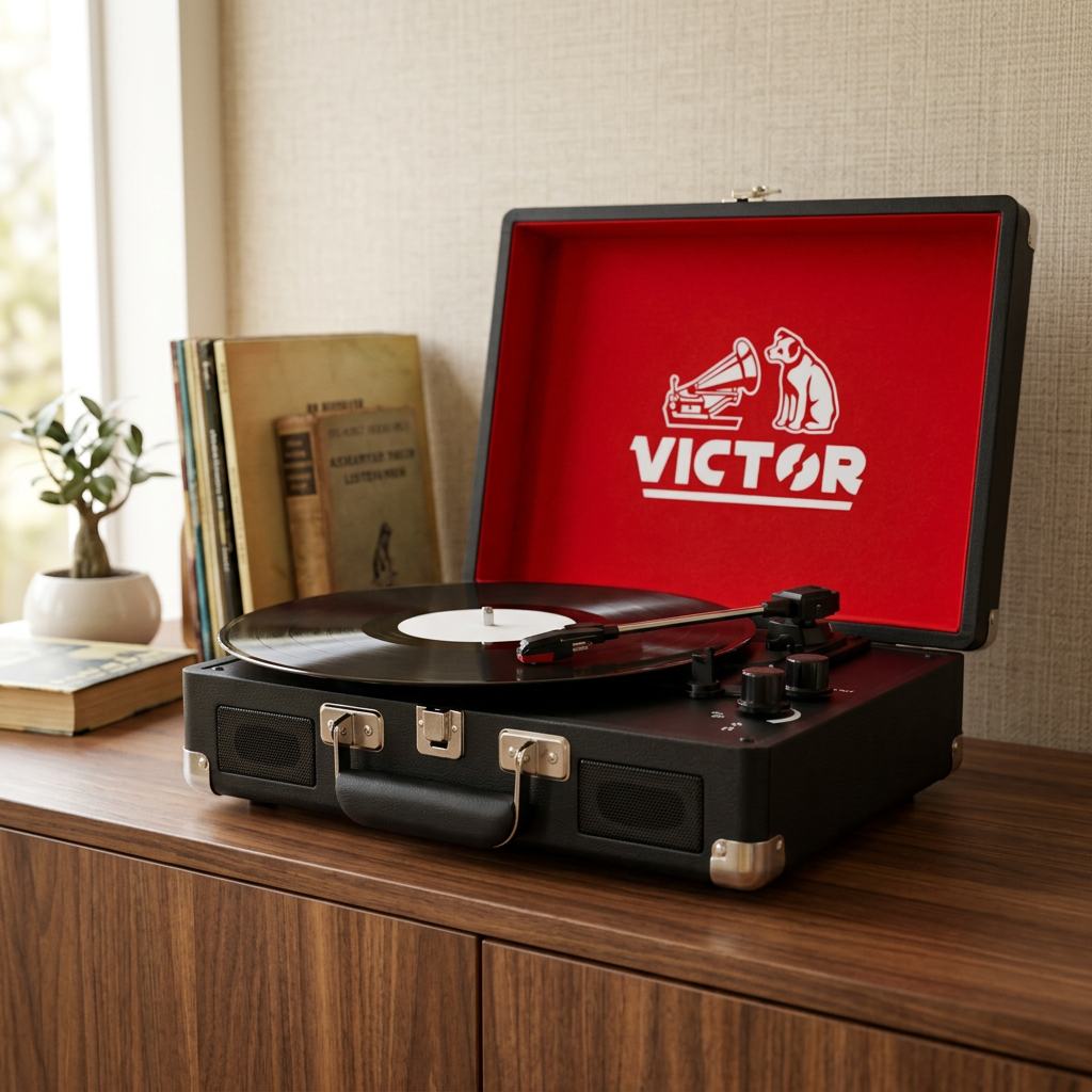 Black Victor Metro suitcase turntable with red inner lid, silver hardware and built-in speakers styled on a walnut sideboard.