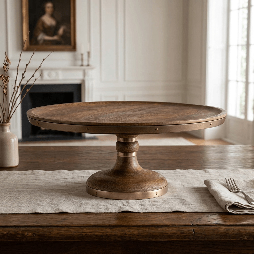 Aurelle mango wood cake stand on a linen runner on a wooden dining table