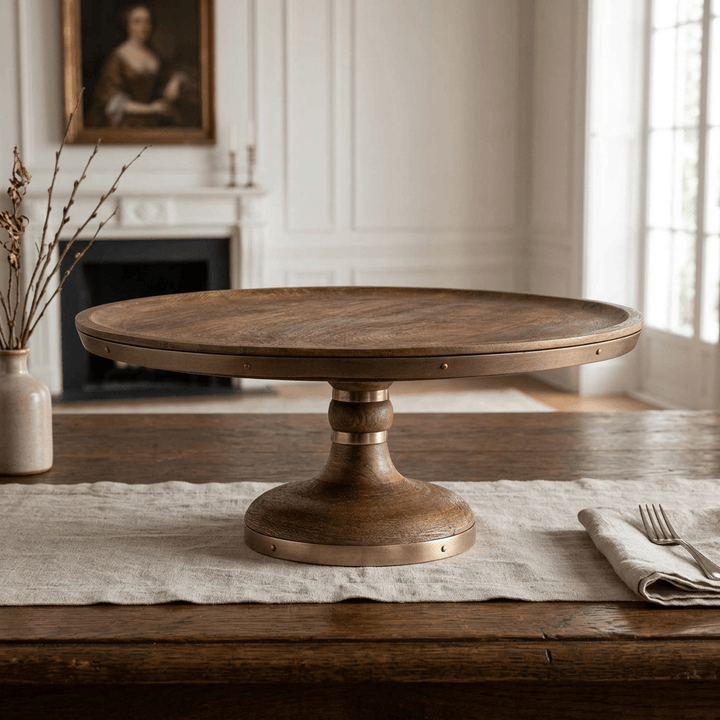 Aurelle mango wood cake stand on a linen runner on a wooden dining table