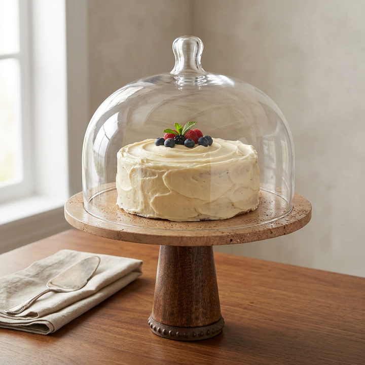 Maribel marble cake stand displaying a frosted berry-topped cake beneath its glass dome.