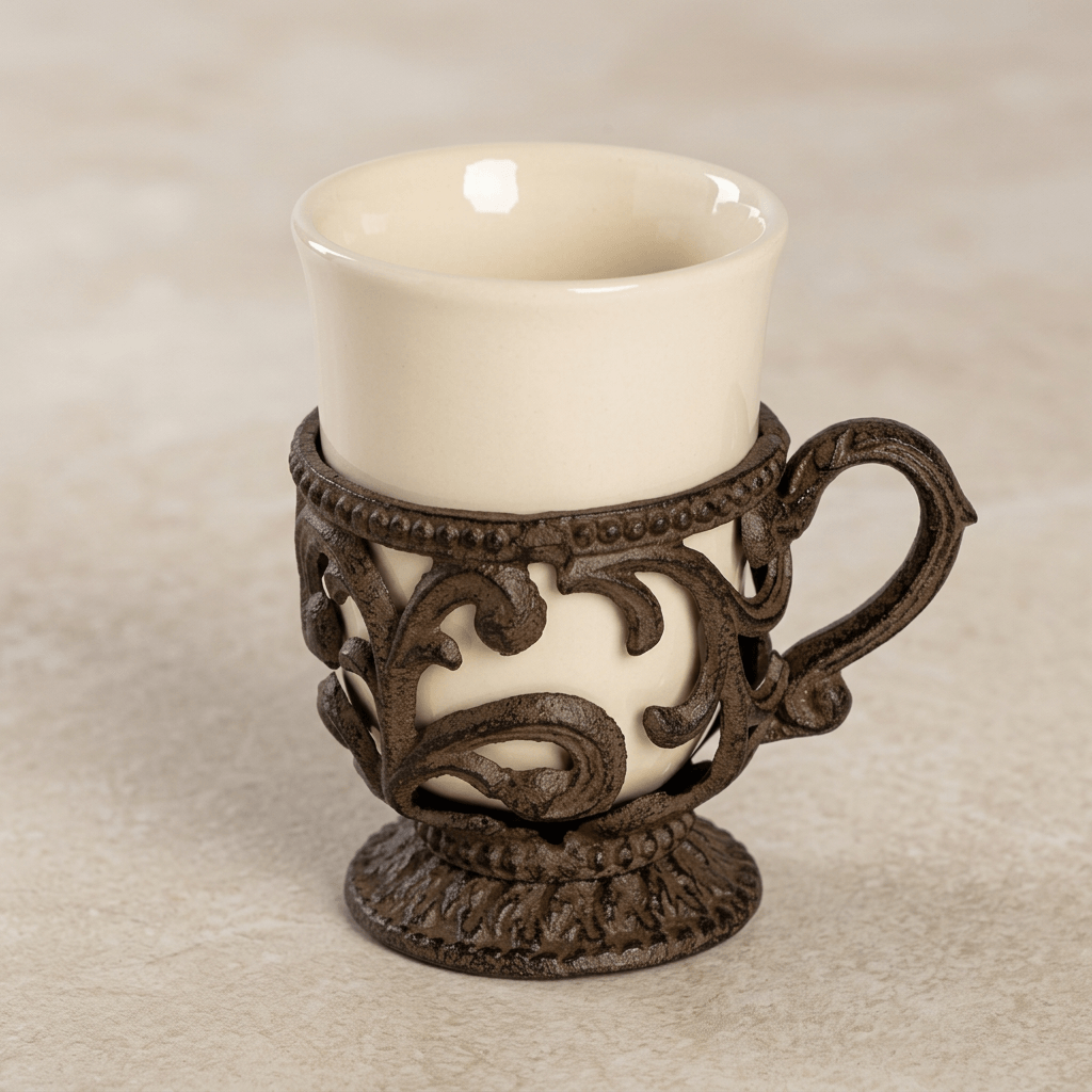 Close view of a Bellavita coffee cup showing cream ceramic and dark brown scrolling metalwork with a pedestal base