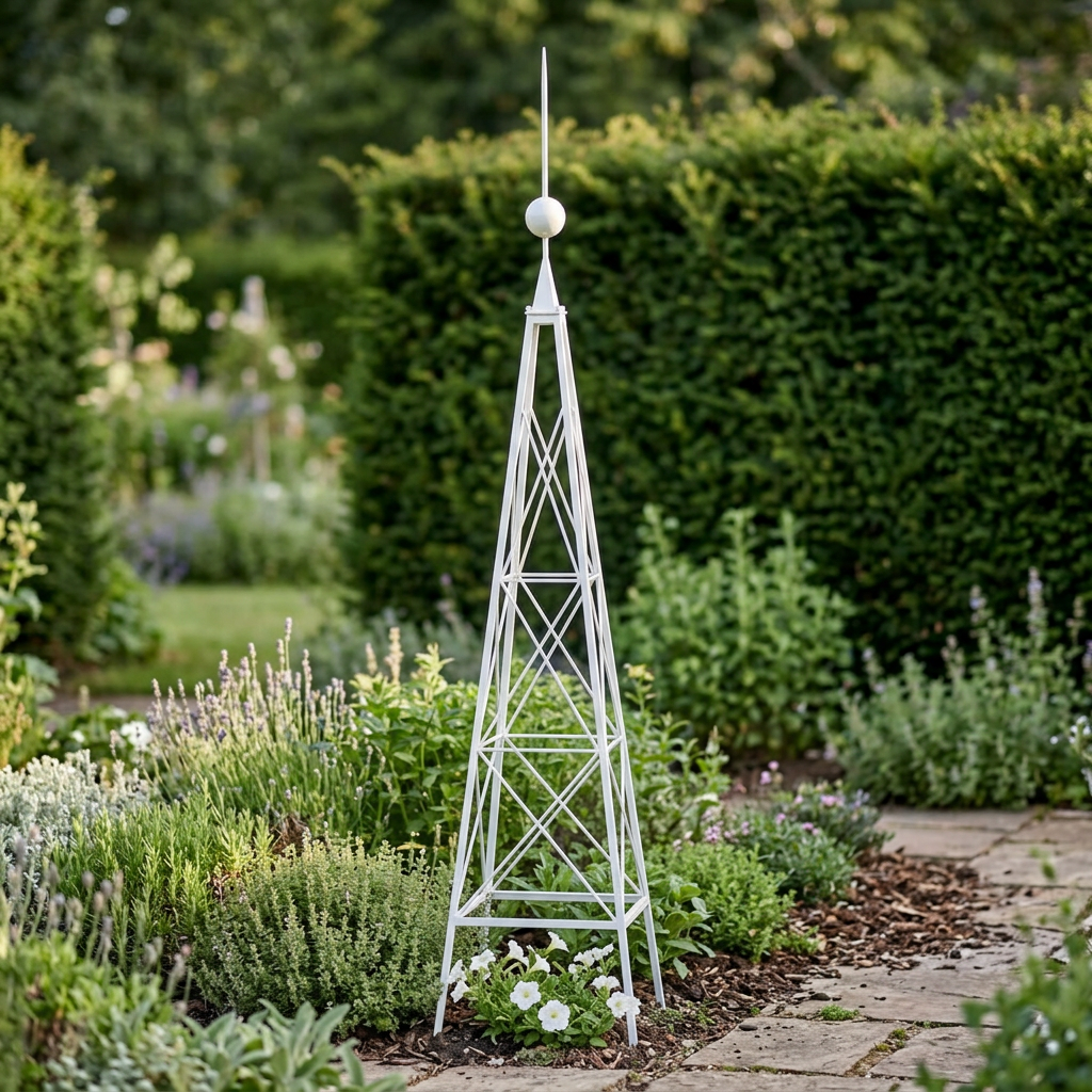 Soft White Cottage Garden Iron Trellis among low flowers beside a garden path