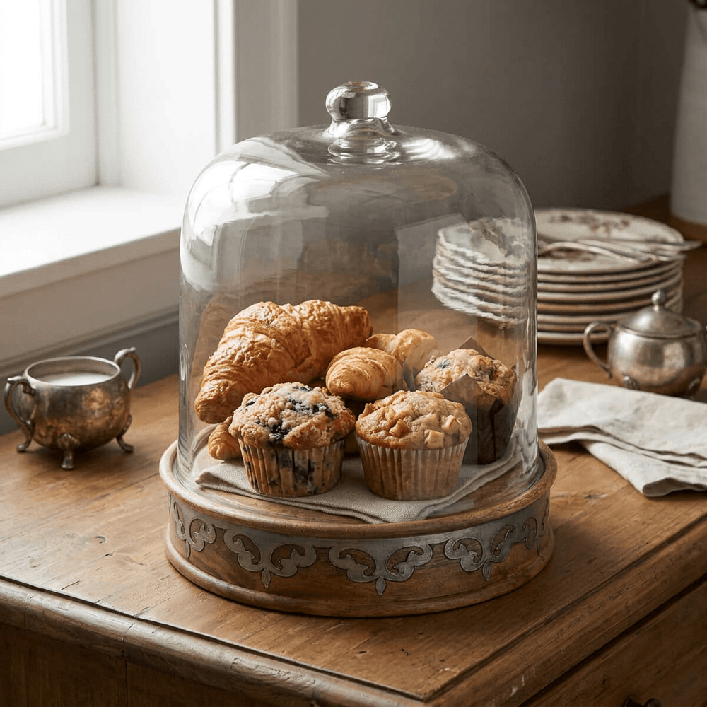 Belvedere Cake Keeper with Glass Dome holding an assortment of croissants and muffins on a breakfast sideboard.