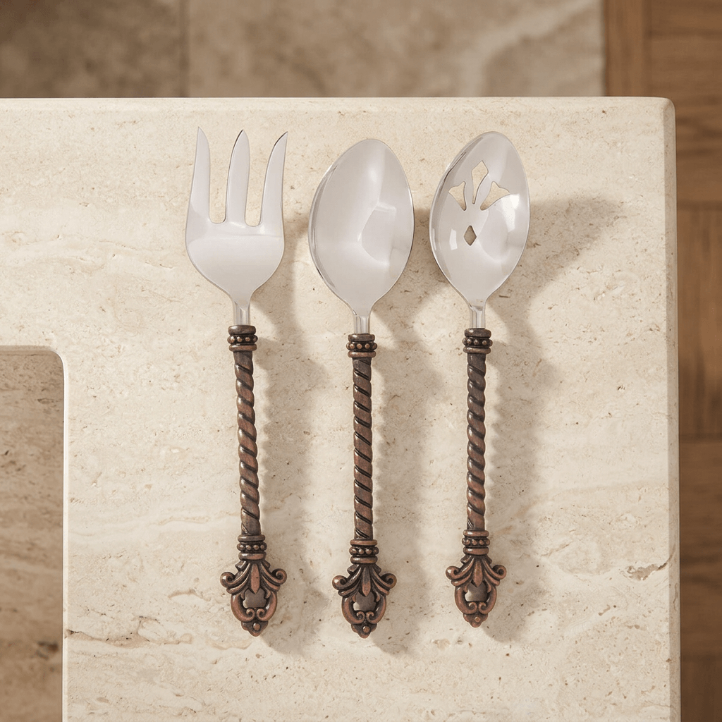 Bellavita serving fork, solid spoon and slotted spoon displayed on a pale stone kitchen counter.
