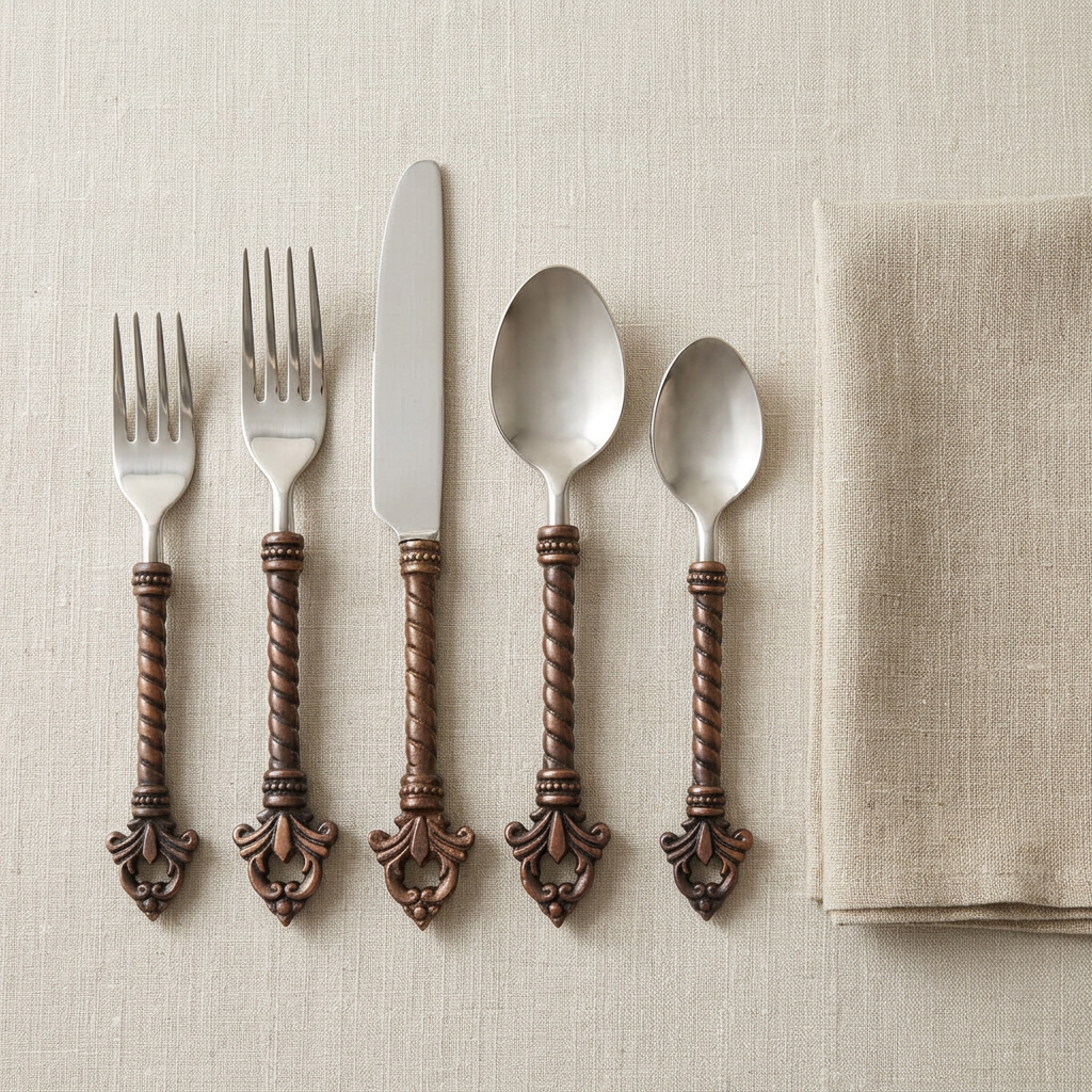 Two forks, knife and two spoons with fleur de lis handle ends arranged on pale linen.