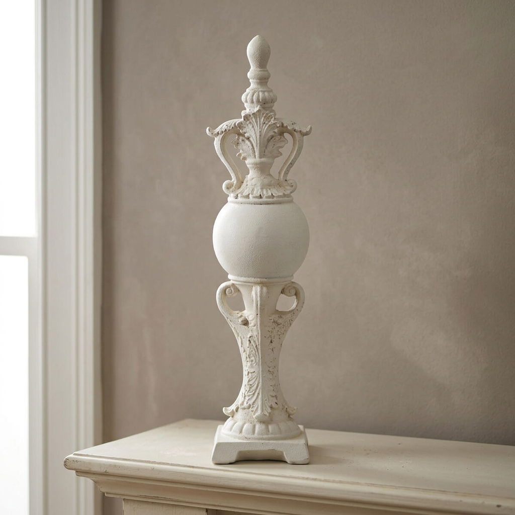 Cream Manor Decorative Finial on a mantel beside a softly lit window