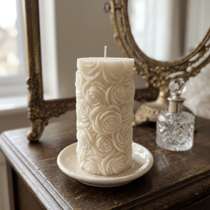 Ivory rose-detailed soy wax pillar candle on a ceramic dish on a vintage vanity.