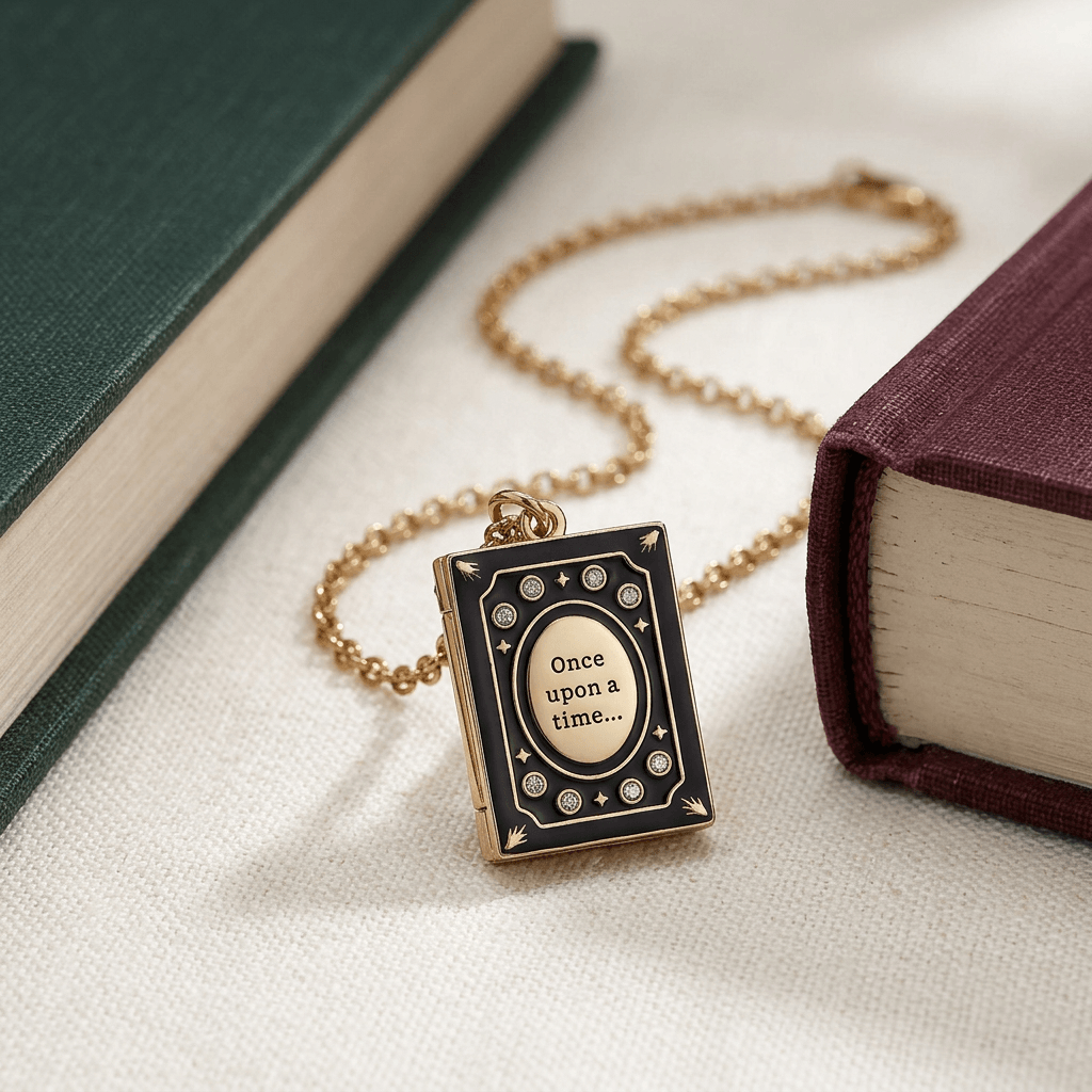 Gold-tone Once Upon a Time book locket necklace with black enamel cover styled on ivory linen.