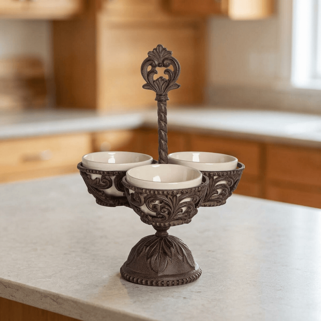 Bellavita Stoneware Condiment Server on a pale stone counter in a warm wood kitchen.