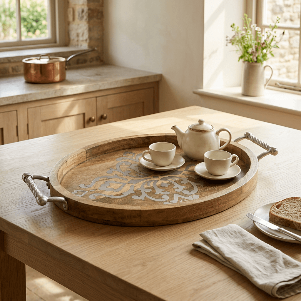 Belvedere oval wood serving tray with metal scrollwork and twisted handles, styled with a teapot and cups in a sunny kitchen. Accessories not included.