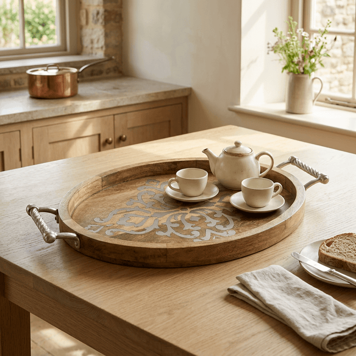 Belvedere oval wood serving tray with metal scrollwork and twisted handles, styled with a teapot and cups in a sunny kitchen. Accessories not included.