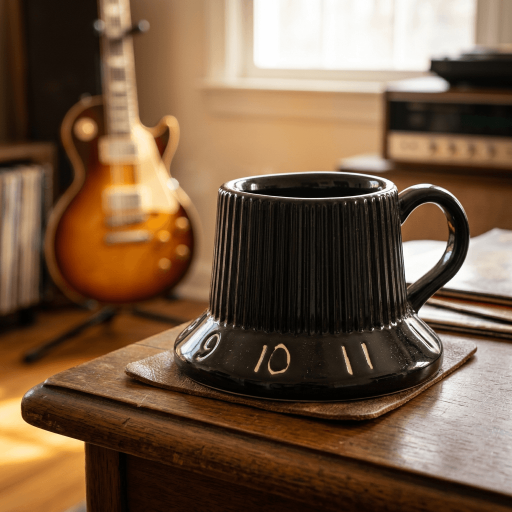 Black guitar volume knob mug on a side table in a cozy music room with a guitar in the background.