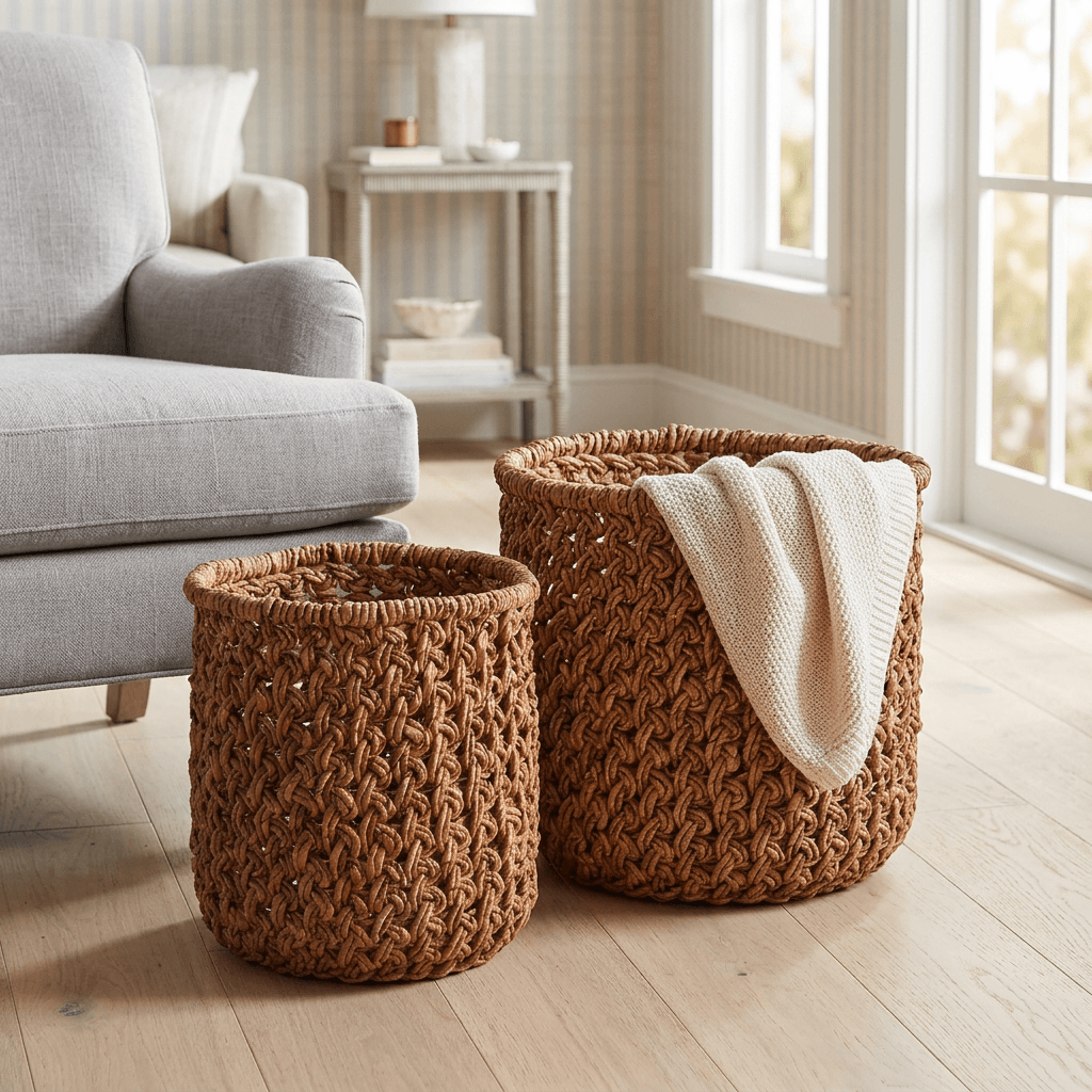 Pair of handwoven banana leaf baskets beside a linen armchair, one styled with a cream throw