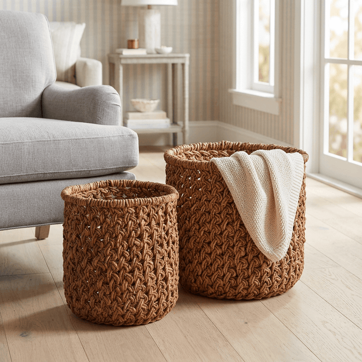 Pair of handwoven banana leaf baskets beside a linen armchair, one styled with a cream throw