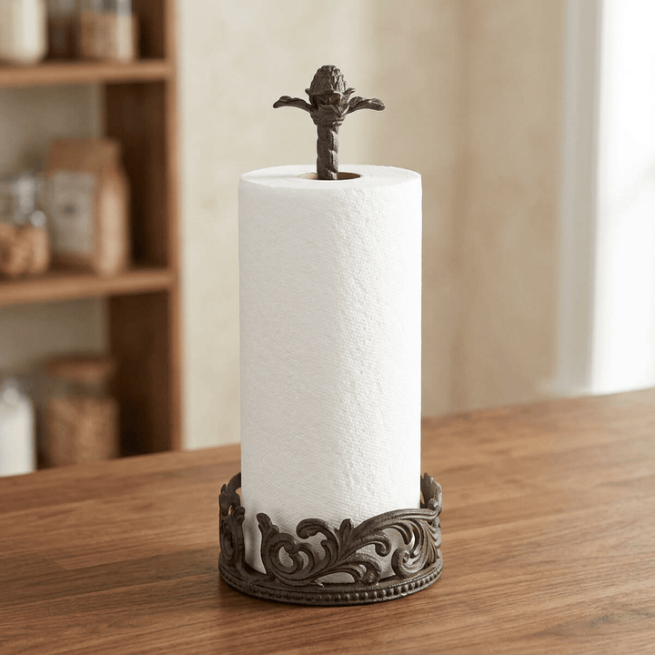 Bellavita Paper Towel Holder displaying acanthus scrollwork on a warm wood pantry counter.