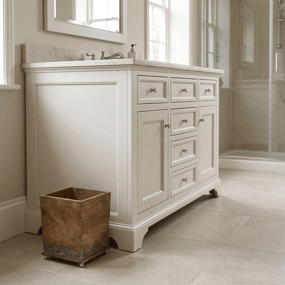 Small Belvedere mango wood waste basket on the floor beside a painted bathroom vanity.
