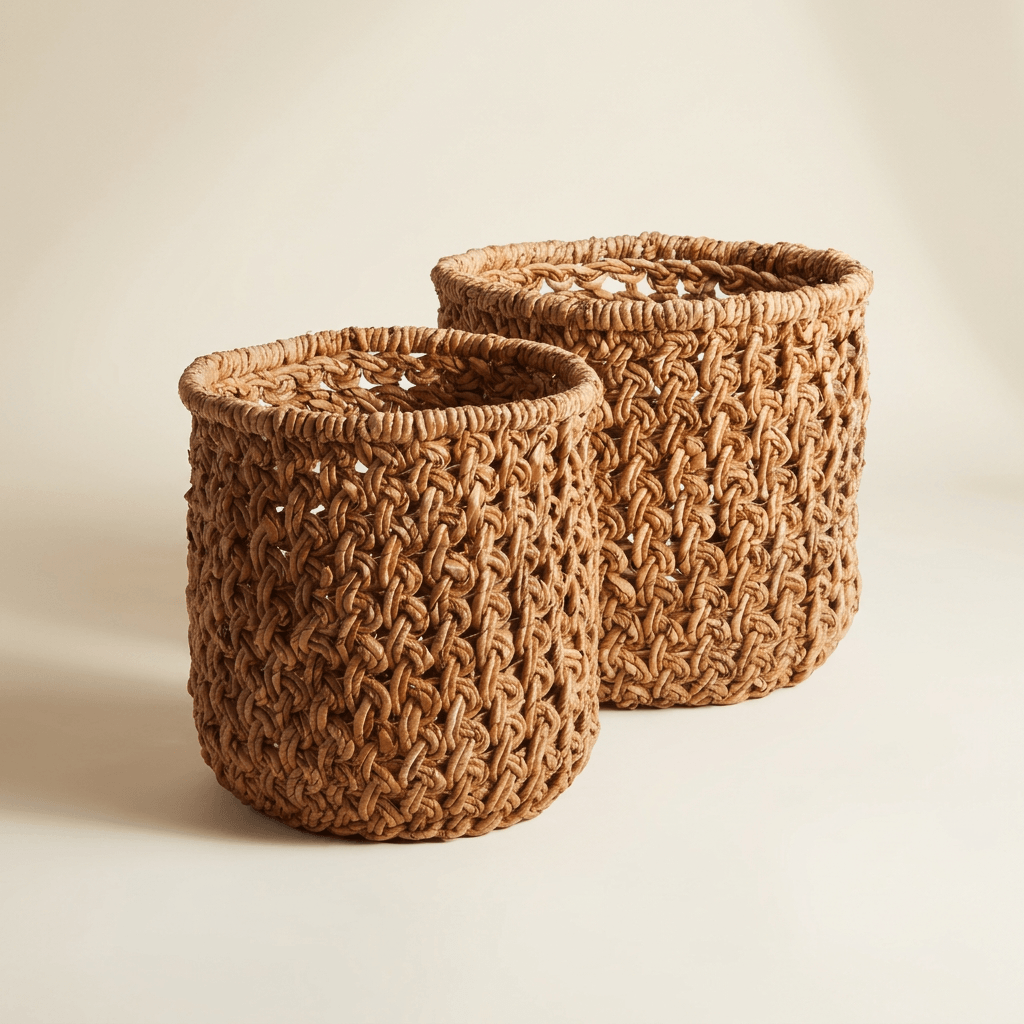 Two natural tan banana leaf storage baskets with open braided weave and wrapped rims on an ivory background