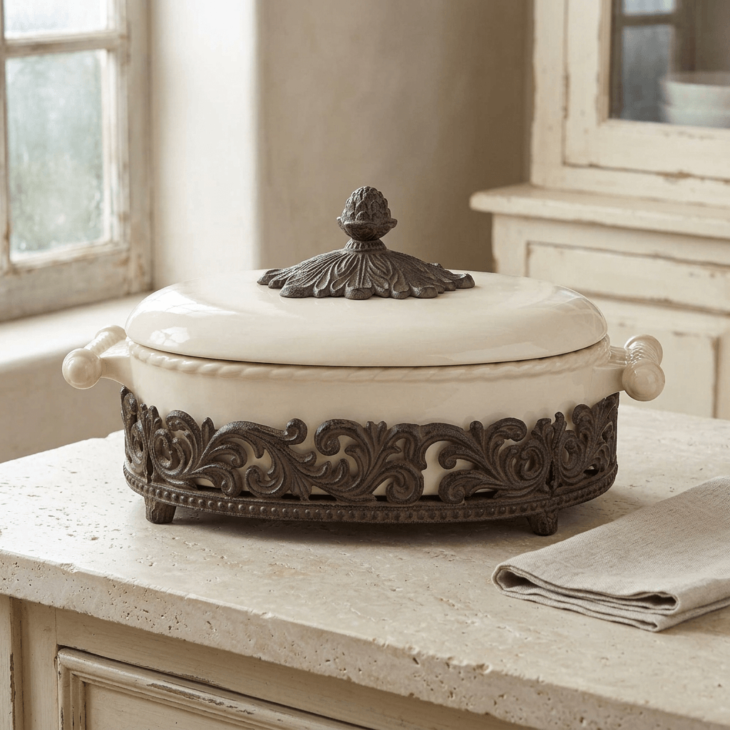 Bellavita lidded cream stoneware casserole with ornate dark metal cradle on a light stone kitchen counter