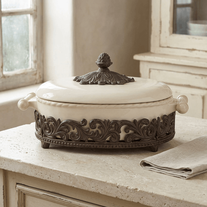 Bellavita lidded cream stoneware casserole with ornate dark metal cradle on a light stone kitchen counter