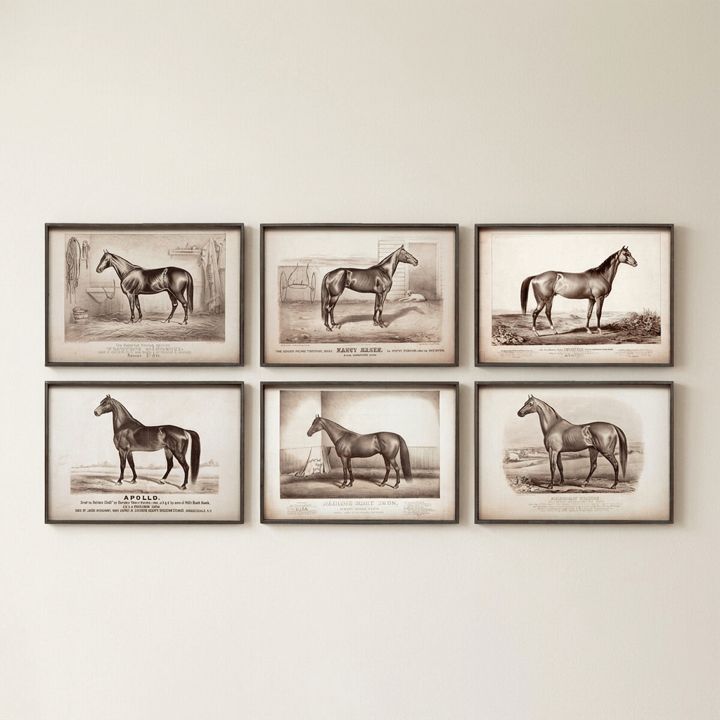 Six racehorse portrait prints in aged black frames arranged in two rows of three on an ivory wall.