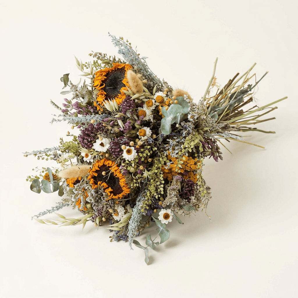 Dried sunflower and eucalyptus bouquet with white daisies and yarrow on a warm white studio background.