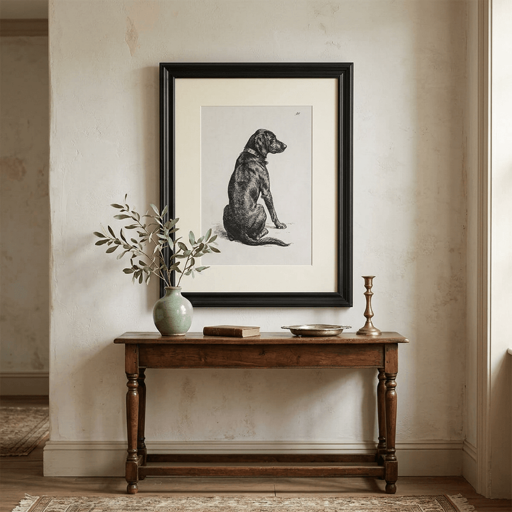 Devoted Heart Framed Dog Portrait displayed above a wooden console in a traditional entryway.