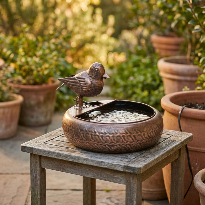 Songbird Folk Art Fountain in antiqued copper on a garden patio