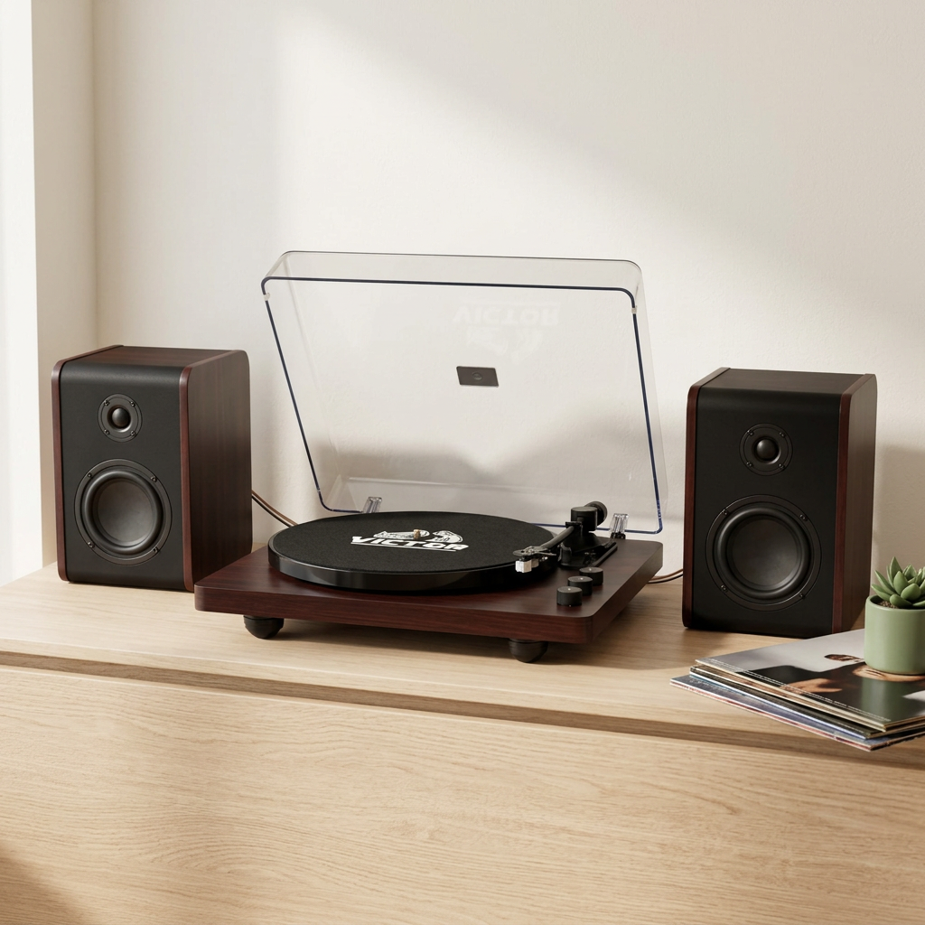 Victor Lincoln record player and two wired stereo speakers arranged on an oak sideboard in a contemporary listening nook.