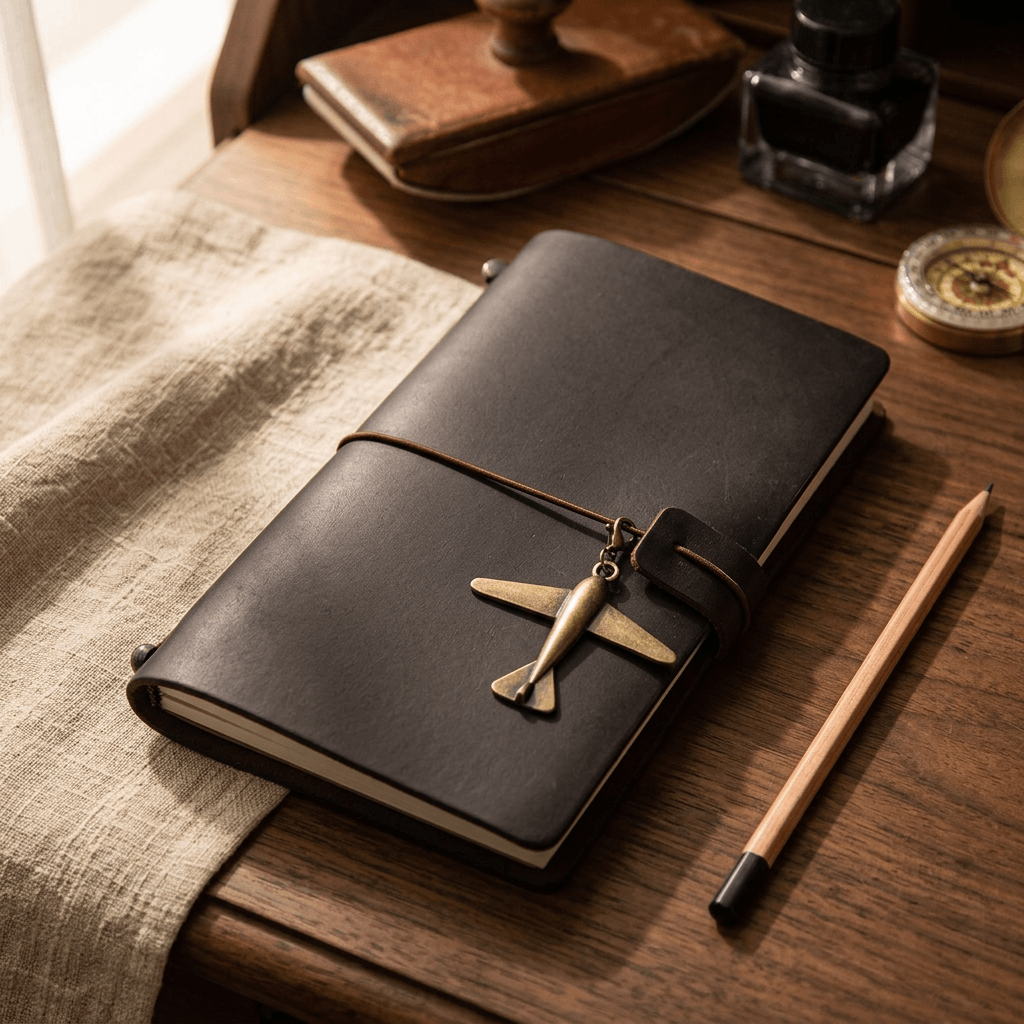 Dark refillable leather journal with airplane charm styled on a walnut writing desk beside linen and a pencil