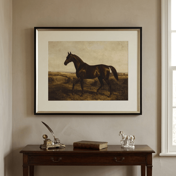 Single dark thoroughbred horse print displayed above a console in a traditional country-house study.