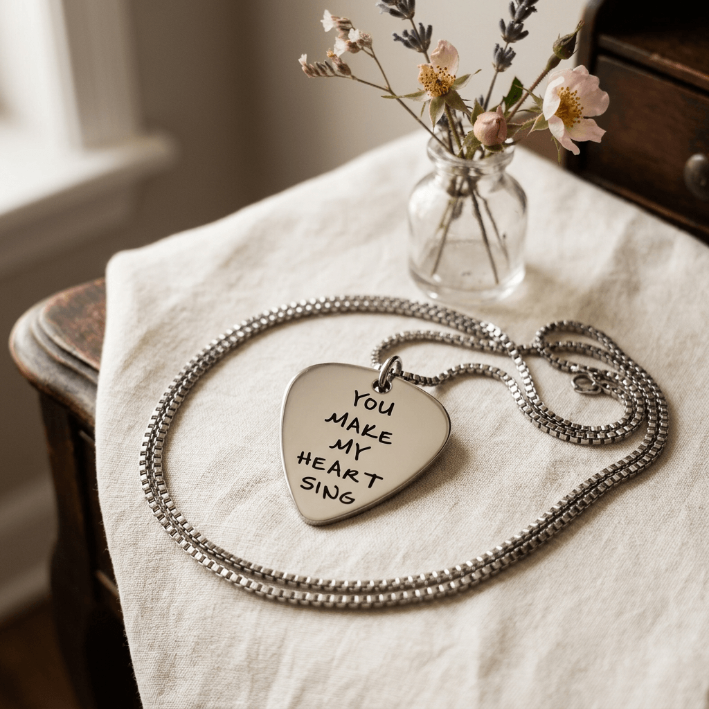 Stainless steel guitar-pick pendant and box chain arranged on cream linen on a vintage vanity.