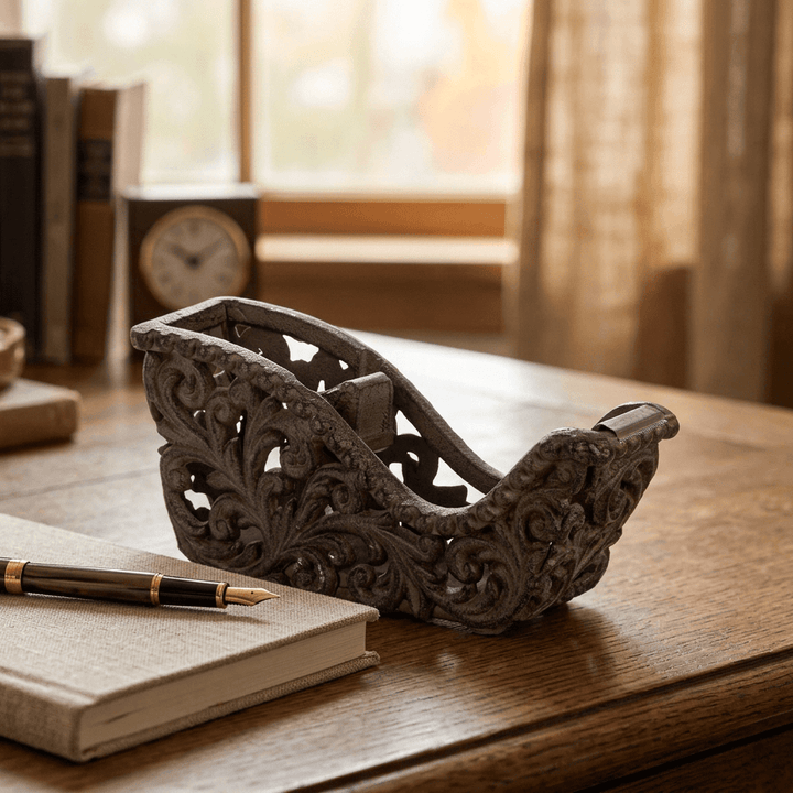 Bellavita Tape Dispenser on a vintage wooden writing desk beside a linen-bound journal and fountain pen in warm window light