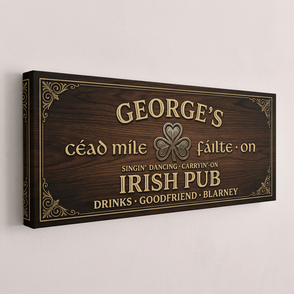 Angled view of gallery-wrapped Irish pub canvas showing its printed wood-grain design and wrapped edge.