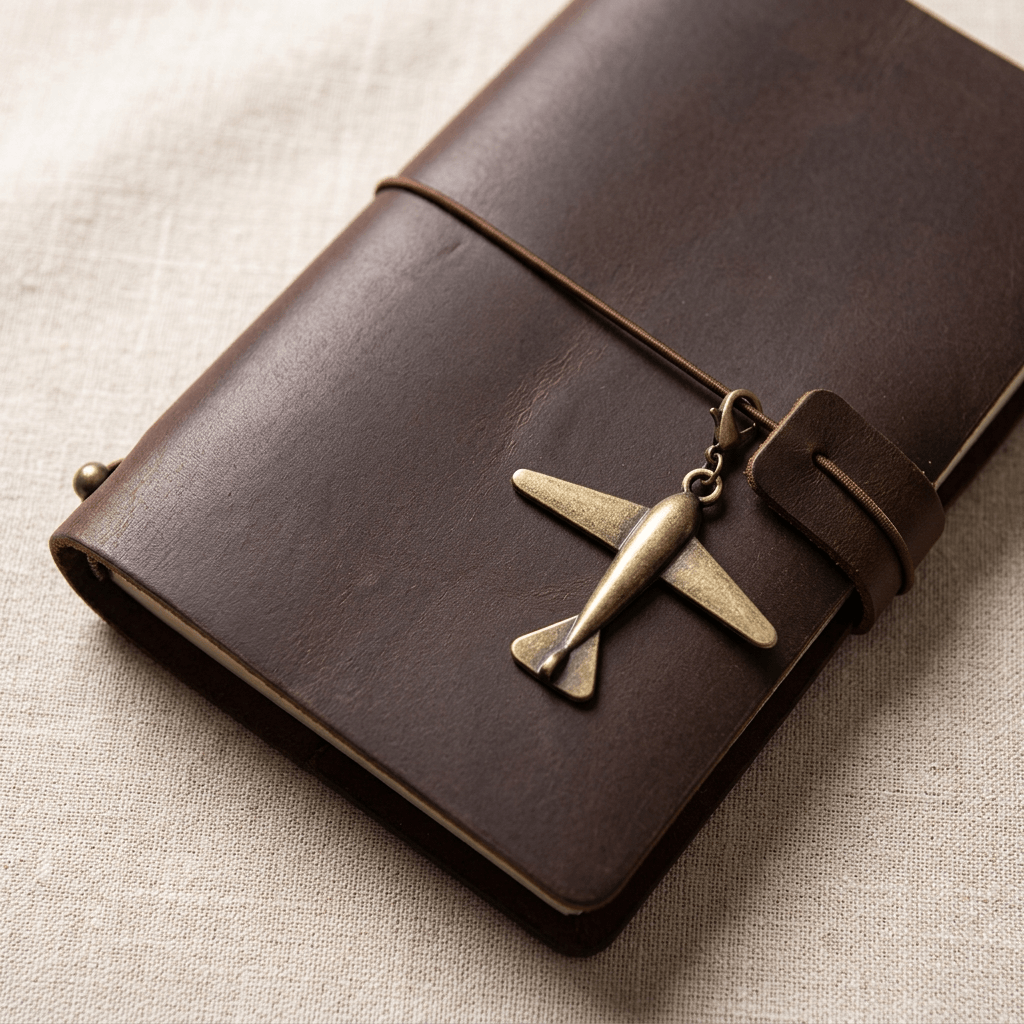 Close detail of leather journal cord closure, leather tab, and brass airplane charm