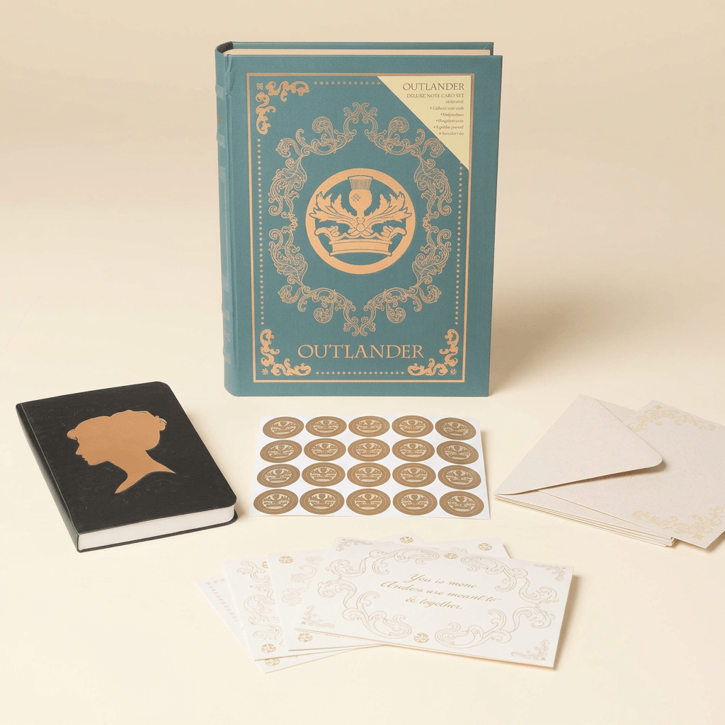 Outlander stationery collection with teal keepsake book box displayed on a warm ivory studio background.